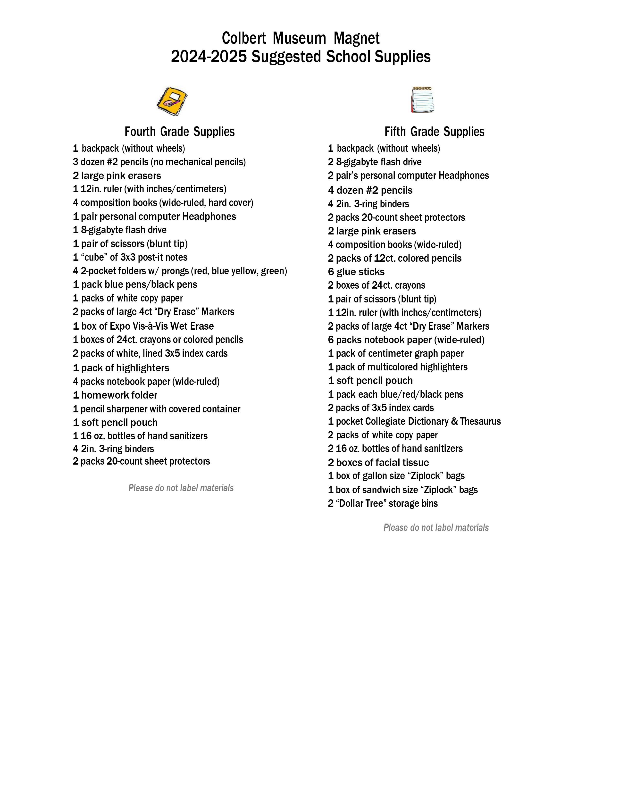 2024-2025 Suggested school supplies list for Fourth Grade through Fifth Grade